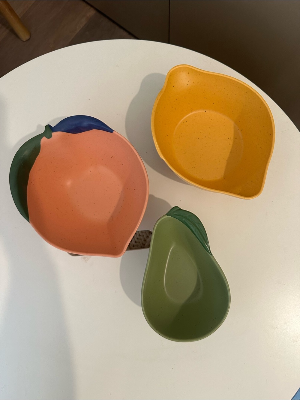 Target melamine fruit shaped bowls - pear, peach, and lemon